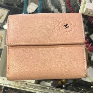 CHANEL Light Pink Leather Wallet with Floral Embossing